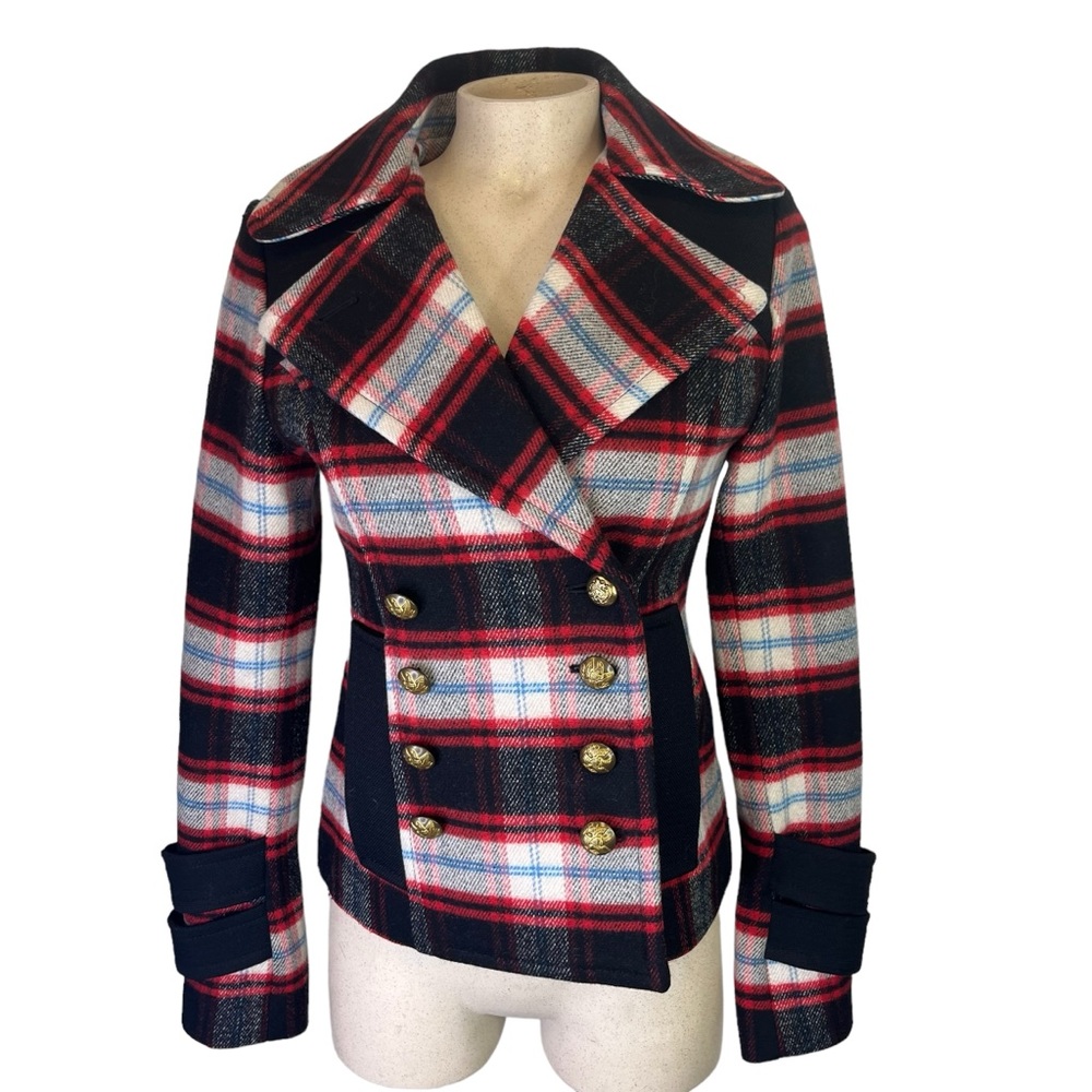 SMYTHE $800 Wool Blend Plaid Pea Coat in Red/Black Size 2 Gold Button Front